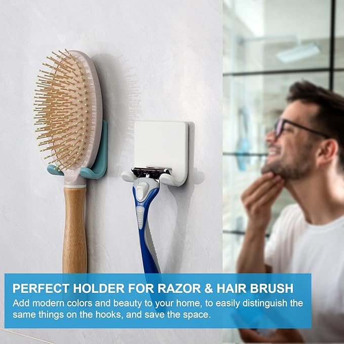 VANZAVANZU Razor Shaver Holder for Shower Wall Adhesive Hooks for Hanging, Bathroom Silicone Waterproof Shower Hooks Hair Brush Holder for Towel (4 Pack-White)
