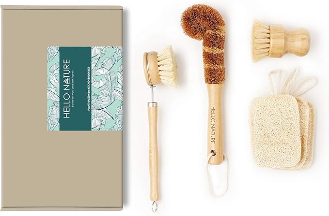 Plant-Based 6pcs Kitchen Brush Set by HELLO NATURE, Sustainable & Biodegradable Natural Fibre Bamboo Dish Brush,Bottle Brush,Pot Brush & 3 Natural Loofah Sponges, Zero-Waste,Plastic Free Kitchen Set