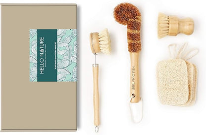Plant-Based 6pcs Kitchen Brush Set by HELLO NATURE, Sustainable & Biodegradable Natural Fibre Bamboo Dish Brush,Bottle Brush,Pot Brush & 3 Natural Loofah Sponges, Zero-Waste,Plastic Free Kitchen Set