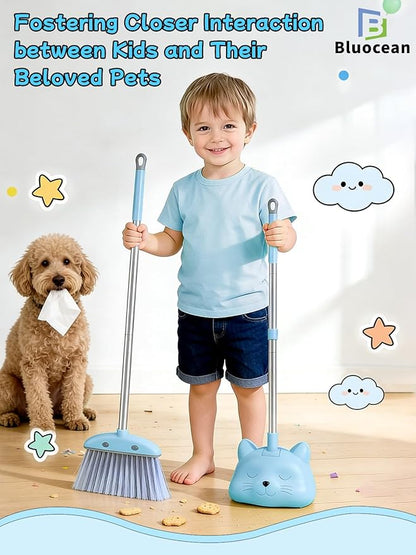 28'' Kids Mini Broom with Dustpan & Mop Set - Toddler Cleaning Toy, Toddler Household Helper, Parent-Child Interactive Play Cleaning Tool, Cute Cartoon Design, Small Safe Corner Broom (Blue)