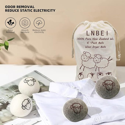 Wool Dryer Balls - 6 PCS Tumble Dryer Balls, Hypoallergenic, Reusable, Anti Static Tumble Dryer Balls, Natural Fabric Softener, Reduce Drying Time and Wrinkles, Wool Balls for Tumble Dryer