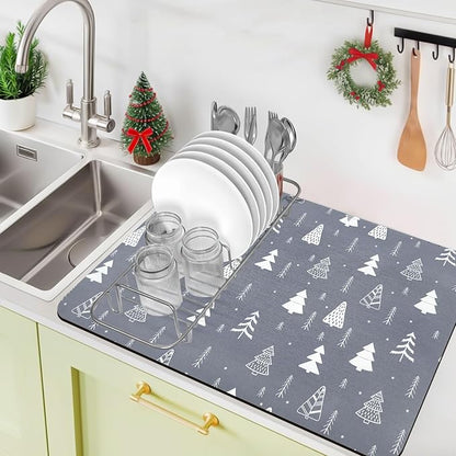 Bloss Christmas Dish Drying Mat, 16"x24" Absorbent Bar Mat with Waterproof Rubber Back, Fit Under Coffee Maker Machine/Kitchen Counter