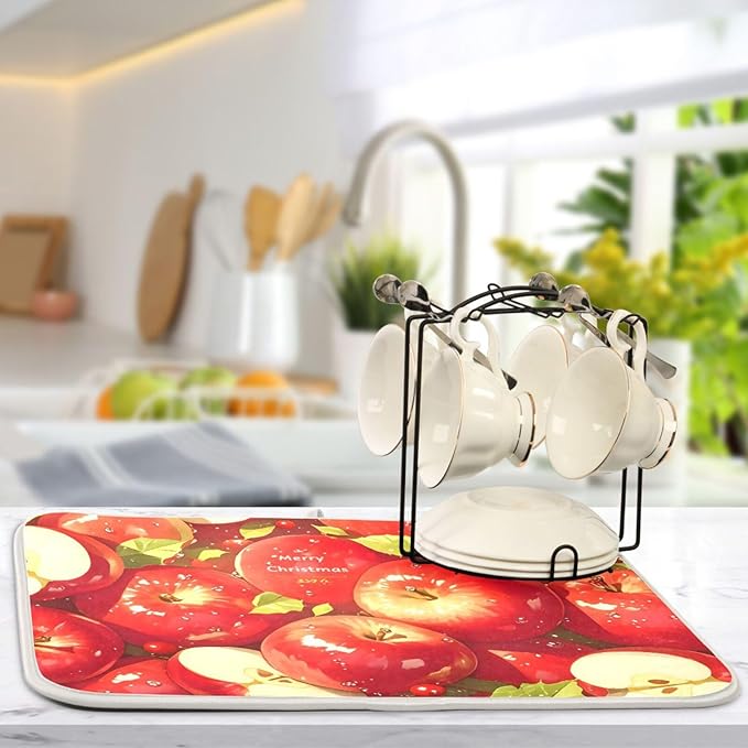 Red Apples Dish Drying Mat for Kitchen Counter Absorbent Microfiber Drying Pad, Large 18x24 in