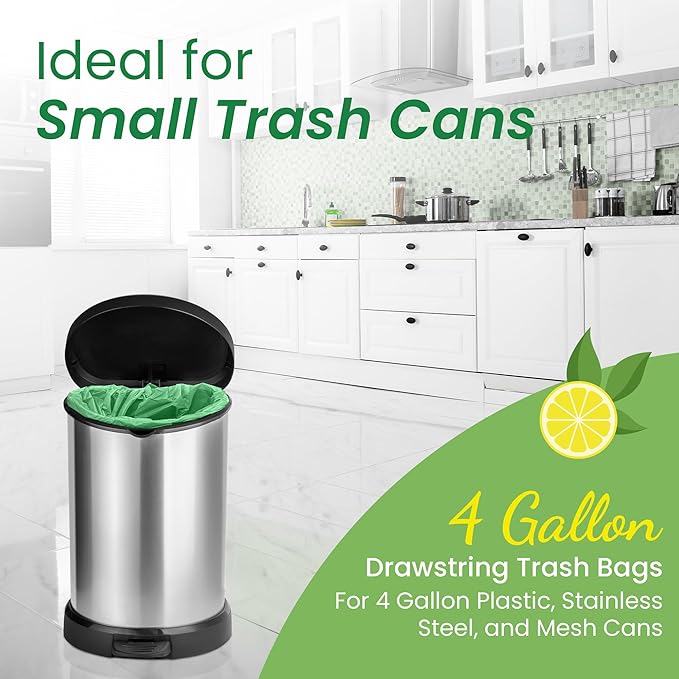 Reli. 4 Gallon Trash Bags Drawstring (50 Count) | Citrus Scented Small Trash Bags | Garbage Liners for Bathroom Can | 2 Gal - 3 Gallon - 4 Gal Small Can Liners (Green)