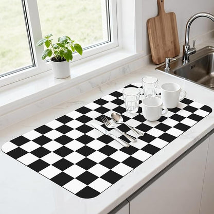 17" x 32" Checkered Dish Drying Mat for Kitchen Counter, Absorbent Coffee Bar Mat for Espresso Machine Coffee Countertops Accessories (Black)