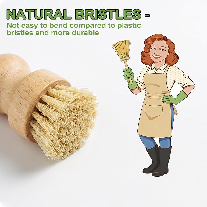 Bamboo Dish Scrub Brushes,Kitchen Wooden Cleaning Scrubbers Set with 100 Kitchen Sink Strainer Mesh Bags, 1 Kitchen Squeegee,4 Pack Round Mini Dish Brush with Ceramic Holder for Kitchen Sink Cleaning