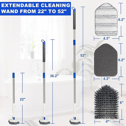 Tile Tub Scrubber Brush with 52-inch Adjustable Long Handle 3-in-1 Rotatable Shower Brush for Cleaning，3 Different Replacement Brush Heads for Cleaning Tub Tile Bathroom Kitchen Walls ，Blue