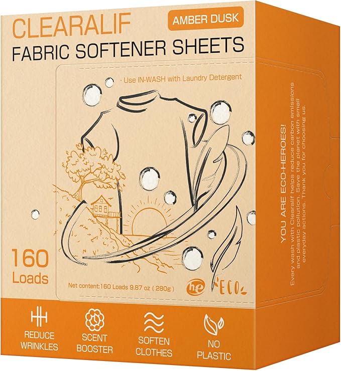 CLEARALIF laundry Fabric Softener Sheets, AMBER DUSK Scent, 160 Loads, Eco Friendly, Great For Travel, Apartments, Dorms.
