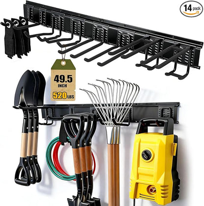 14Pack Garage Tool Organizer Wall Mount, 49.5'' Garage Wall Organizer with 11 Adjustable Hooks, 520lbs Heavy Duty Garage Storage & Organization, Garage Hanging Rack for Garden Yard Tool Shed, Men Gift