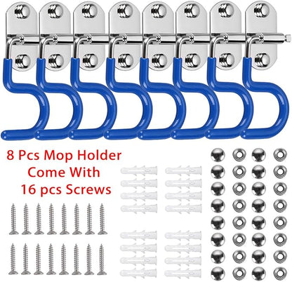 Sumnacon Mop Broom Holder Organizer, 8 Pcs S-Type Wall Mounted Cleaning Tools Organizer, Space Saver Brooms Mops Rakes Hooks Rack, Stainless Steel Heavy Duty Brooms Mops Hook for Kitchen Garage