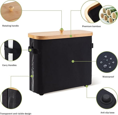 Bathroom Toilet Paper Storage Basket with Lid and Handle， Bamboo Collapsible Toilet Paper Holder Storage with Non-Slip Bottom ,Extra Toilet Roll Storage, Black