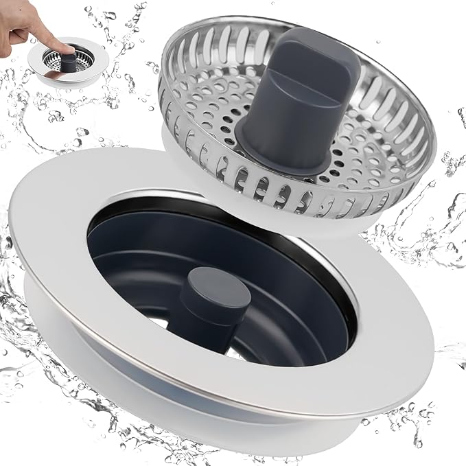 Universal Stainless Steel Kitchen Sink Drain Strainer Stopper, 3-in-1 Sink Stopper Strainer for Standard 3-1/2 Inch Kitchen Sink, Chrome-plated Shell with 304 Stainless Steel Mesh Strainer Basket