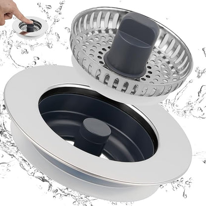 Universal Stainless Steel Kitchen Sink Drain Strainer Stopper, 3-in-1 Sink Stopper Strainer for Standard 3-1/2 Inch Kitchen Sink, Chrome-plated Shell with 304 Stainless Steel Mesh Strainer Basket