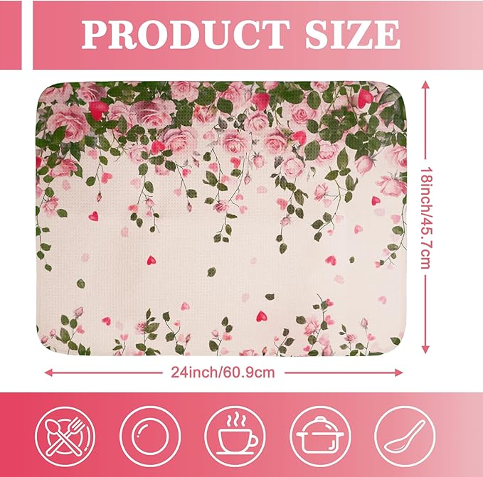 Valentine Dish Drying Mat, Ultra Absorbent Valentines Day Drying Mat for Kitchen Counter, Coffee Maker, 18 x 24 Inch