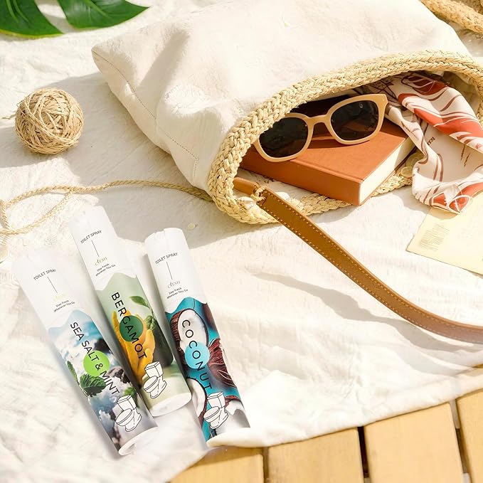 Travel Size Toilet Spray, Bathroom Odor Eliminator, 3 Pack, 1 fl oz Each, Up to 150 Uses, For Home and Travel, Essential Oils Freshener Spray, Sea Salt & Mint, Bergamot, Coconut