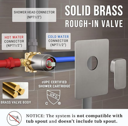 All Metal Shower Faucet Set, Dual Square Shower Head System with Handheld Wand, Diverter, Hose Complete Combo, Pressure Balance Rough-in Valve Included(Brushed Nickel)