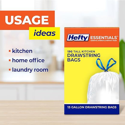 Hefty Essentials Drawstring 13 Gallon Kitchen Trash Bags, 120 Count, Tall Unscented Trash Bags for Kitchens, Home Offices, or Laundry Rooms, Easy to Tie, Lift, and Carry, White