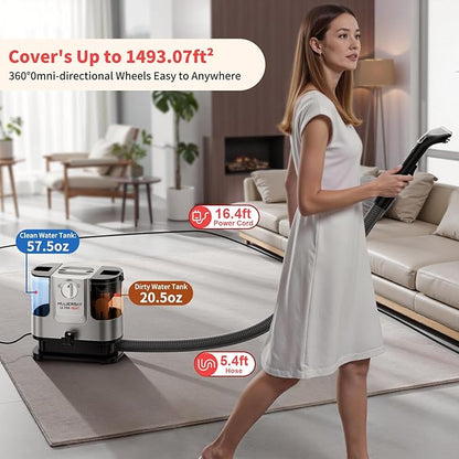 Upholstery Carpet Cleaner, MUJERBAY UltraHeat 12Kpa Portable Spot and Stain, Easy Move with Universal Wheels & Handle, 1.18-inch Deep Cleaning Machine for Couch, Stairs, Car and Pet Messes.