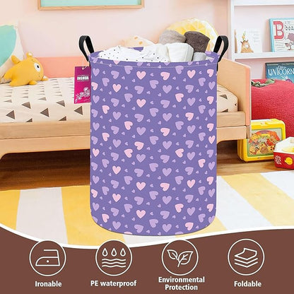 Laundry Hamper Large Canvas Fabric Lightweight Storage Basket/Toy Organizer/Dirty Clothes Collapsible Waterproof for College Dorms, Boys and Girls Bedroom,Bathroom(Purple hearts)