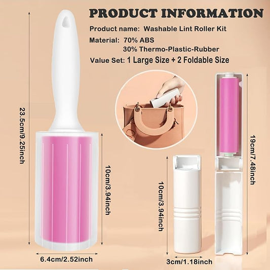 Washable Gel Lint Roller 3 Pack, Reusable Sticky Lint Roller Portable Pet Hair Remover Cleaner for Clothes, Travel, Home, Large with Cover and Foldable Mini Remover, Pink