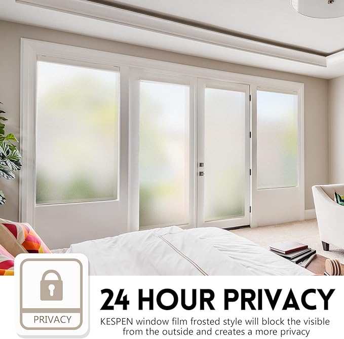 KESPEN Window Privacy Film Frosted Glass Heat Control UV Blocking Privacy Window Film for Glass Windows Static Cling Non-Adhesive Door Coverings Decals for Bathroom Home Office,17.5 Inch X 6.5 Feet