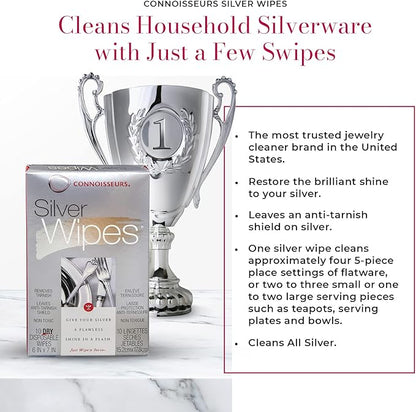 Connoisseurs Silver Cleaner Wipes for Sterling Silver Jewelry and Tableware - 10 Pack - Dry and Disposable - Remove and Prevent Tarnish