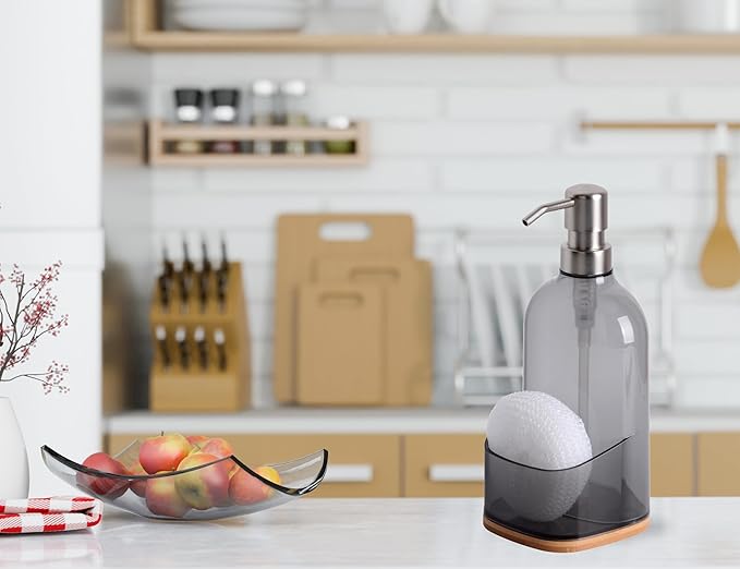 Kitchen Soap Dispenser with Sponge Holder, Refillable Acrylic Dish Soap Dispenser 17oz for Kitchen Sink and Bathroom, Anti Slip, Countertop Home Decor (Grey)