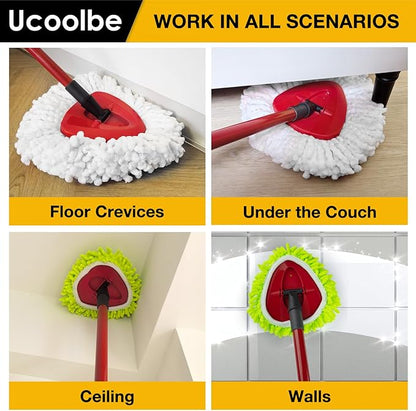 Spin Mop Replacement Heads Compatible with Ocedar EasyWring 1-Tank System, Duster Mop Head for Ocedar, 6 Pack Spin Mop Refills, 2 Pack Chenille Mop Pads, 1 Mop Base for deep Cleaning