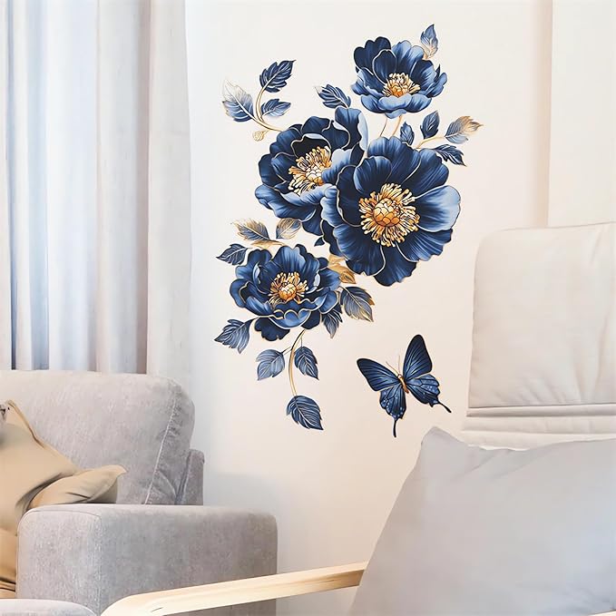 Gorgeous Blue Peony Rose Flower Wall Stickers, sacinora Butterfly Floral Art 3D Wall Decals Removable Vinyl Peel and Stick for Bedroom Study Room Bathroom Home Decorations