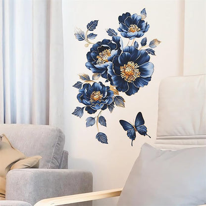Gorgeous Blue Peony Rose Flower Wall Stickers, sacinora Butterfly Floral Art 3D Wall Decals Removable Vinyl Peel and Stick for Bedroom Study Room Bathroom Home Decorations