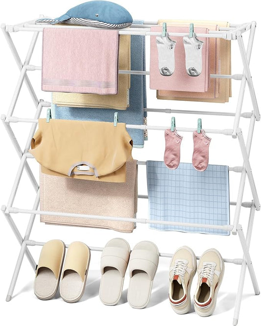 KINGBOARD Clothes Drying Rack, Collapsible Drying Rack Clothing with 11 Poles, 3-Tier Laundry Drying Rack, Small Clothes Drying Rack Foldable for Baby Clothes Sock Towel, 25lb Capacity, White & Grey