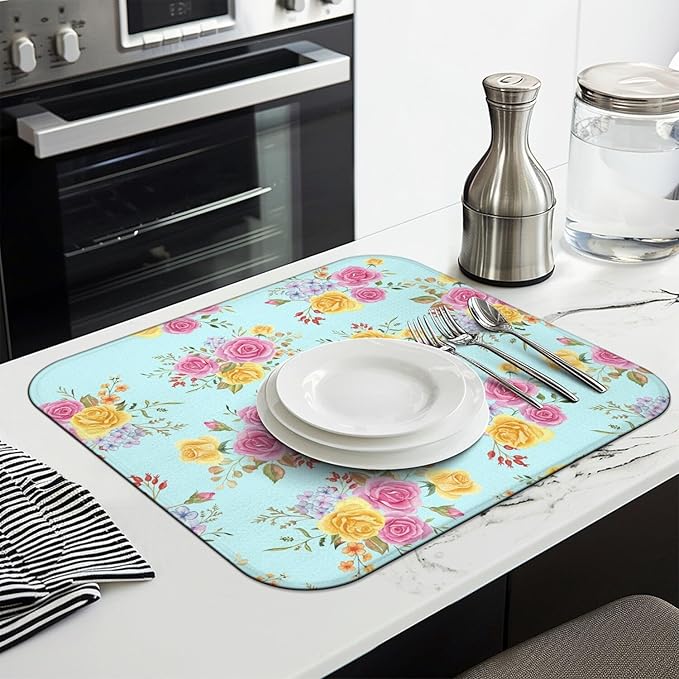 Dish Drying Mat Drainer Pads - Extra Large Microfiber Drying Mats for Dishes Kitchen Counter Super Absorbent Pads for Draining Racks (Floral,16"x18" )