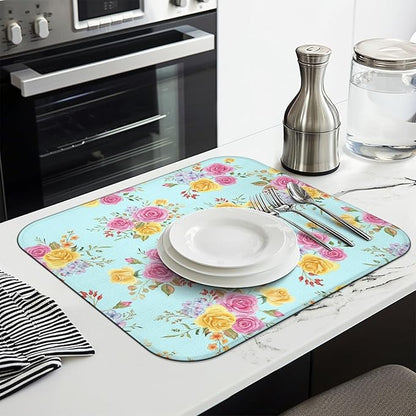 Dish Drying Mat Drainer Pads - Extra Large Microfiber Drying Mats for Dishes Kitchen Counter Super Absorbent Pads for Draining Racks (Floral,16"x18" )