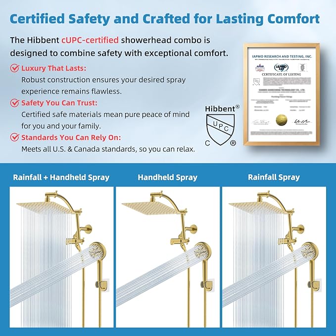 Hibbent All Metal cUPC Certified Shower Head, 10'' High Pressure Rain Shower Head, Handheld Showerhead Combo with 16'' Adjustable Extension Arm, 10 Sprays, 71'' Hose, Shower Holder, Brushed Gold
