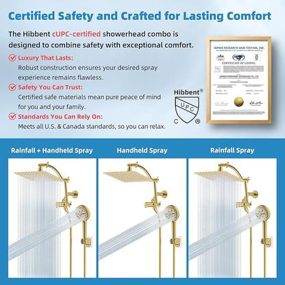 Hibbent All Metal cUPC Certified Shower Head, 10'' High Pressure Rain Shower Head, Handheld Showerhead Combo with 16'' Adjustable Extension Arm, 10 Sprays, 71'' Hose, Shower Holder, Brushed Gold