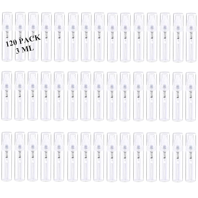 Mini Spray Bottle, Clear Plastic Empty Sample Containers, Fine Mist Perfume Travel Refillable Spray Bottle Perfume Atomizer Small Portable Bottle for Cleaning, Essential Oils 120Pcs 3ml