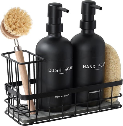 Dish Soap Dispenser for Kitchen, 16.9 fl oz Black Hand and Dish Soap Dispenser Set, Kitchen Soap Dispenser with Sponge Holder, Brush Holder and Loofah Sponge, Countertop Sink Organizer Accessories