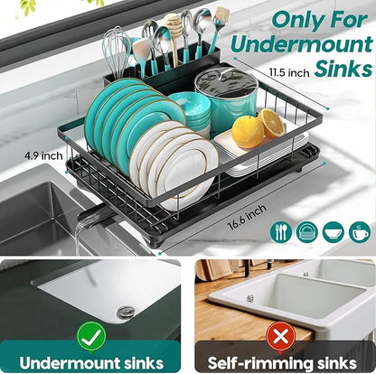 MERRYBOX Dish Drying Rack Space-Saving Dish Racks for Kitchen Counter, Rustproof Drying Rack Kitchen with Large Utensil Holder and Increased Feet, 16.5" D x 11.4" W x 5.65" H, Black