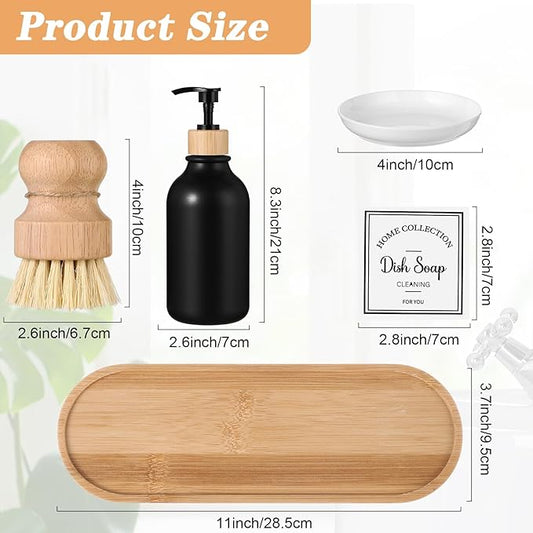 Zopeal 4 Pcs 16 oz Kitchen Soap Dispenser Set with Bamboo Tray and Dish Brush Plastic Soap Dispenser Set with Waterproof Labels for Hand Dish Lotion(Matte Black,White)