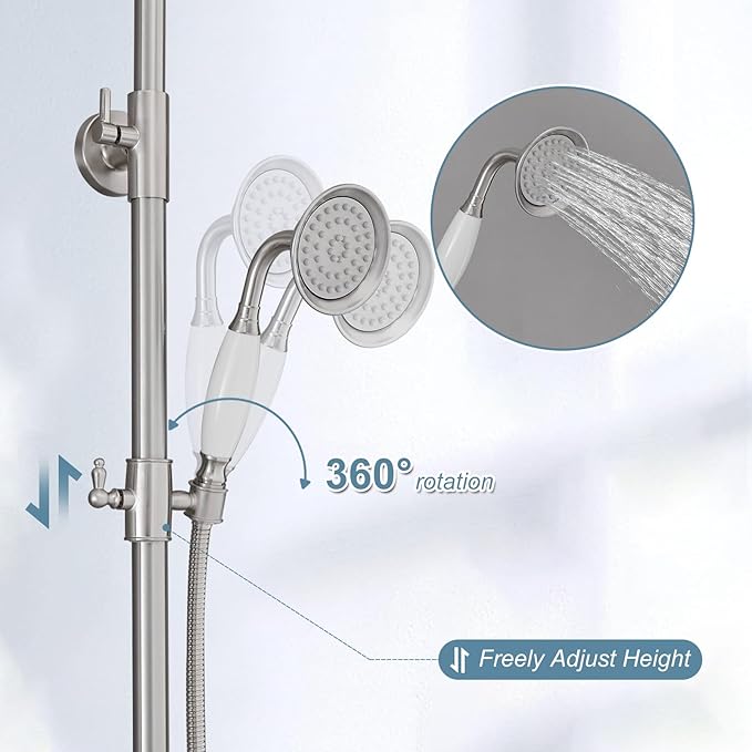 BWE Brushed Nickel Shower Faucet Set 8-Inch Rain Shower Head Handheld Sprayer and Rotatable Tub Spout Triple Function Wall Mount Shower Fixture Combo System Stainless Steel
