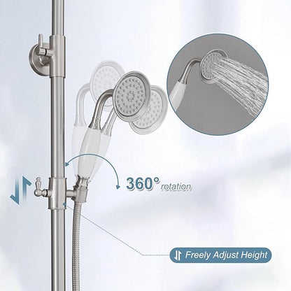 BWE Brushed Nickel Shower Faucet Set 8-Inch Rain Shower Head Handheld Sprayer and Rotatable Tub Spout Triple Function Wall Mount Shower Fixture Combo System Stainless Steel
