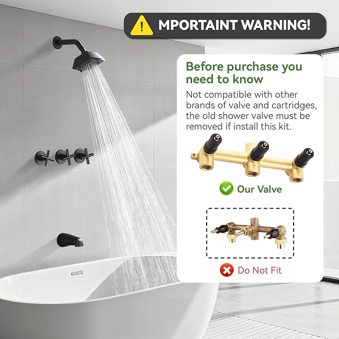 3 Handle Shower Faucet Set with Tub Spout 6-Spray Shower Head and Handle Set Shower Trim Kit with Rough-in Valve Bathroom Shower Faucet Valve Trim Kit Shower System Matte Black