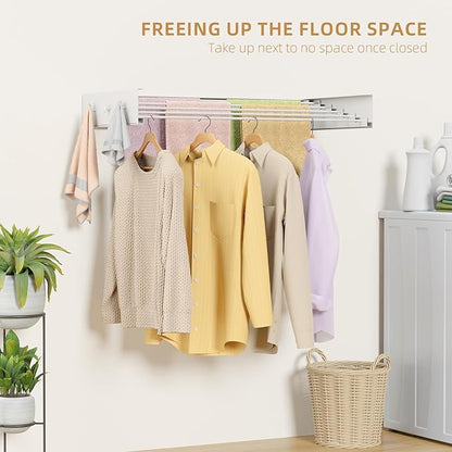 Upgrade Wall Mounted Drying Rack with 6 Hooks, 31.5" Foldable Laundry Rack, 5 Rods & Hooks Space Saver for Bathroom, Collapsible Clothing Rack with Template for Indoor Outdoor (White)