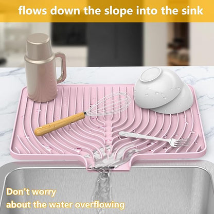 Silicone Drying Mat for Kitchen Counter , Dish Drying Rack Matt with Built in Drain, 18 Inch Dry Mats for Dishes Drying Pad for Kitchen Counter (18×12inch, pink)