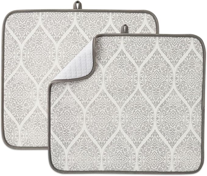 FRESHMINT Printed Dish Drying Mats for Kitchen Counter 2 Pack Absorbent Reversible Drying Mats Microfiber Kitchen Countertop Protector Dishes Drying Pad Extra Large 18"x16" Dish Mat