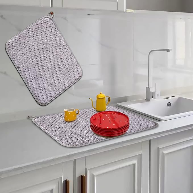 Dish Drying Mats for Kitchen Counter 2 Pack, Dish Drying Pads Absorbent, Washable Microfiber Dishes Drainer Mats (Grey)