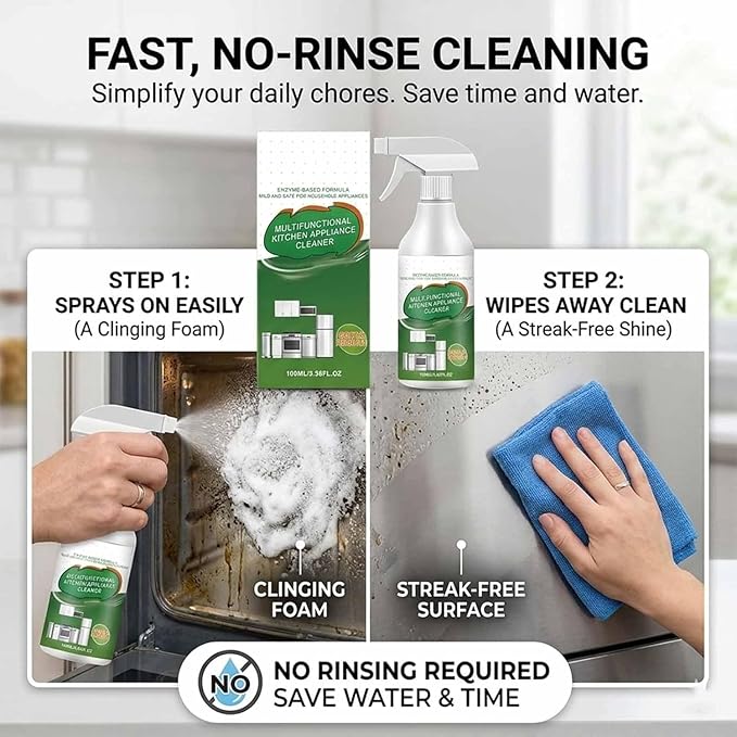 Multi-Purpose Enzyme Foam Cleaner Spray - Powerful Kitchen Appliance Degreaser for Range Hood, Oven & Countertop - Includes Streak-Free Cloth - 100ml (2Pcs)