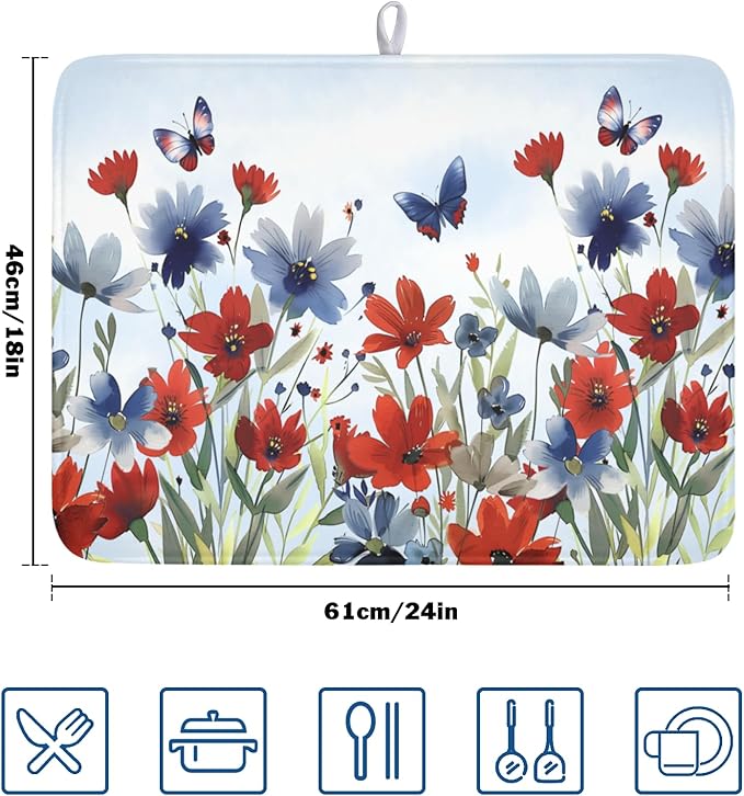 4th of July Dish Drying Mat for Kitchen Counter 18 x 24 Inch Patriotic Floral Dish Drainer Mat Absorbent Microfiber Independece Day Dish Rack Pad for Coffee Dining Bar Decor