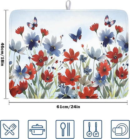 4th of July Dish Drying Mat for Kitchen Counter 18 x 24 Inch Patriotic Floral Dish Drainer Mat Absorbent Microfiber Independece Day Dish Rack Pad for Coffee Dining Bar Decor