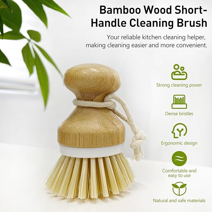 Kitchen Dish Brush, Natural Bamboo Dishwashing Scrubber for Cleaning Dishes, Pots, and Pans with Hanging Rope